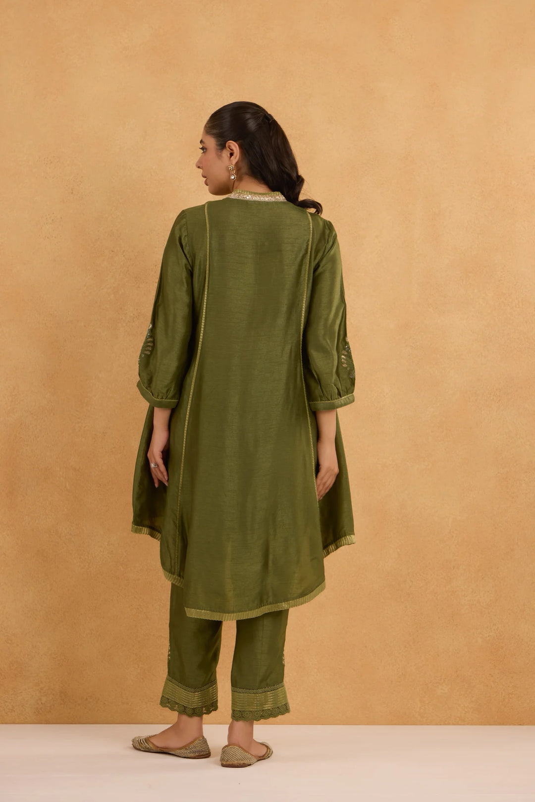 Silk High-Low Kurta with V Neck and Tissue Pants in Forest Green