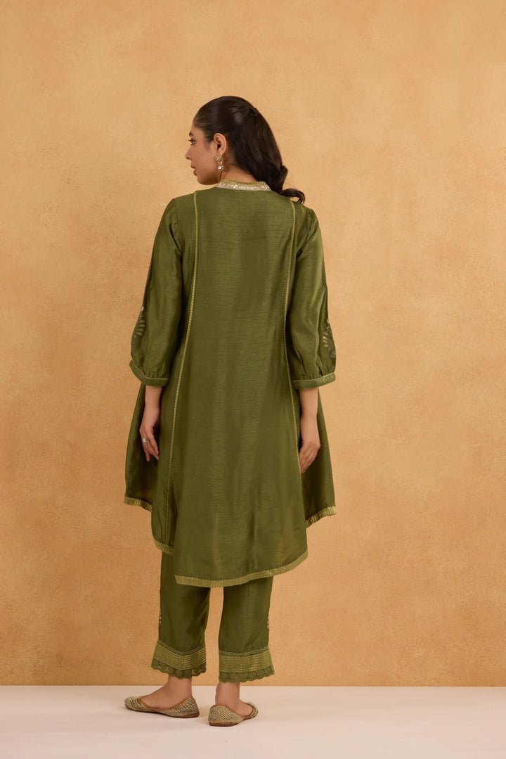 Silk High-Low Kurta with V Neck and Tissue Pants in Forest Green