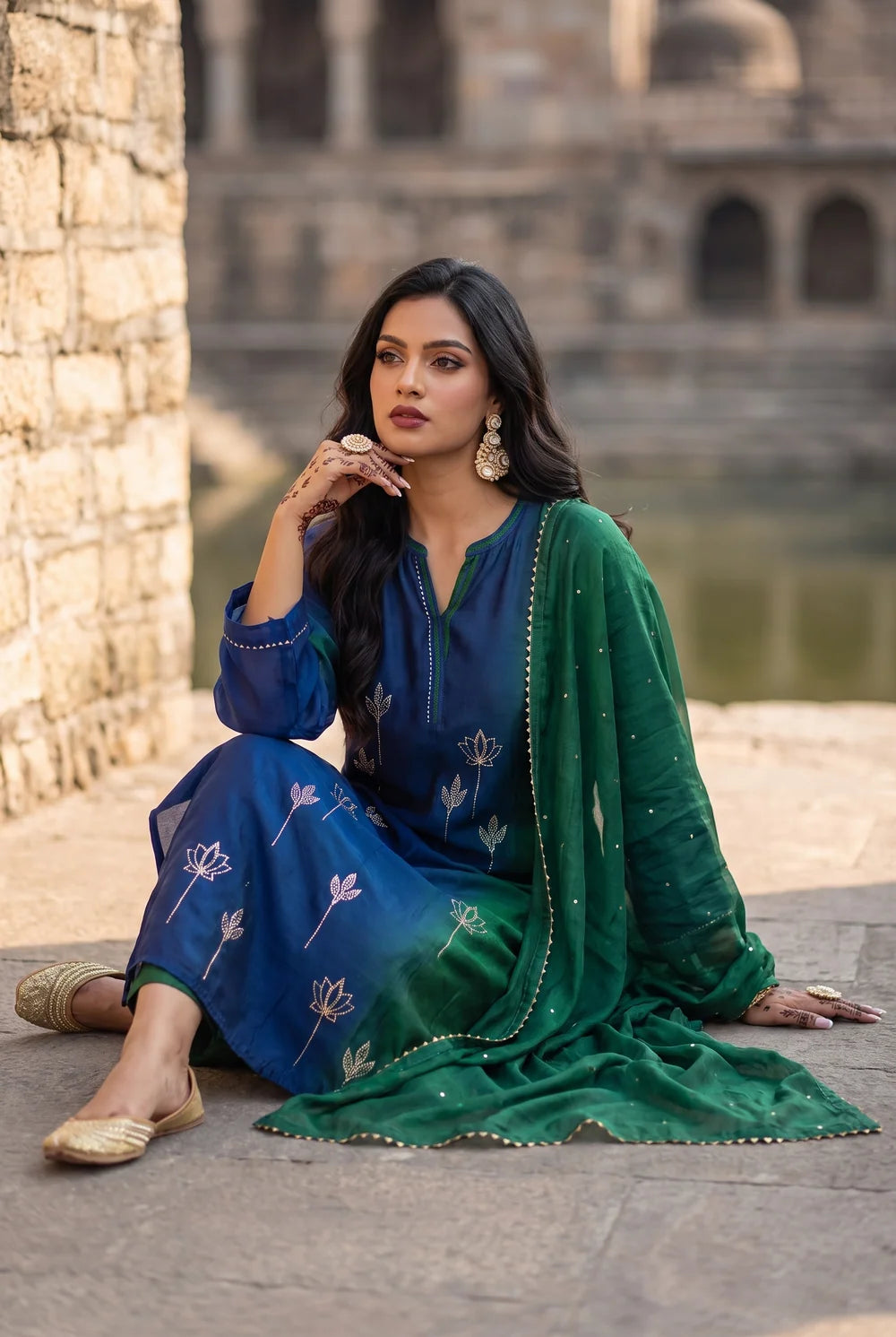 Shvi Silk Chadneri Shaded Kurta Set in Blue Green