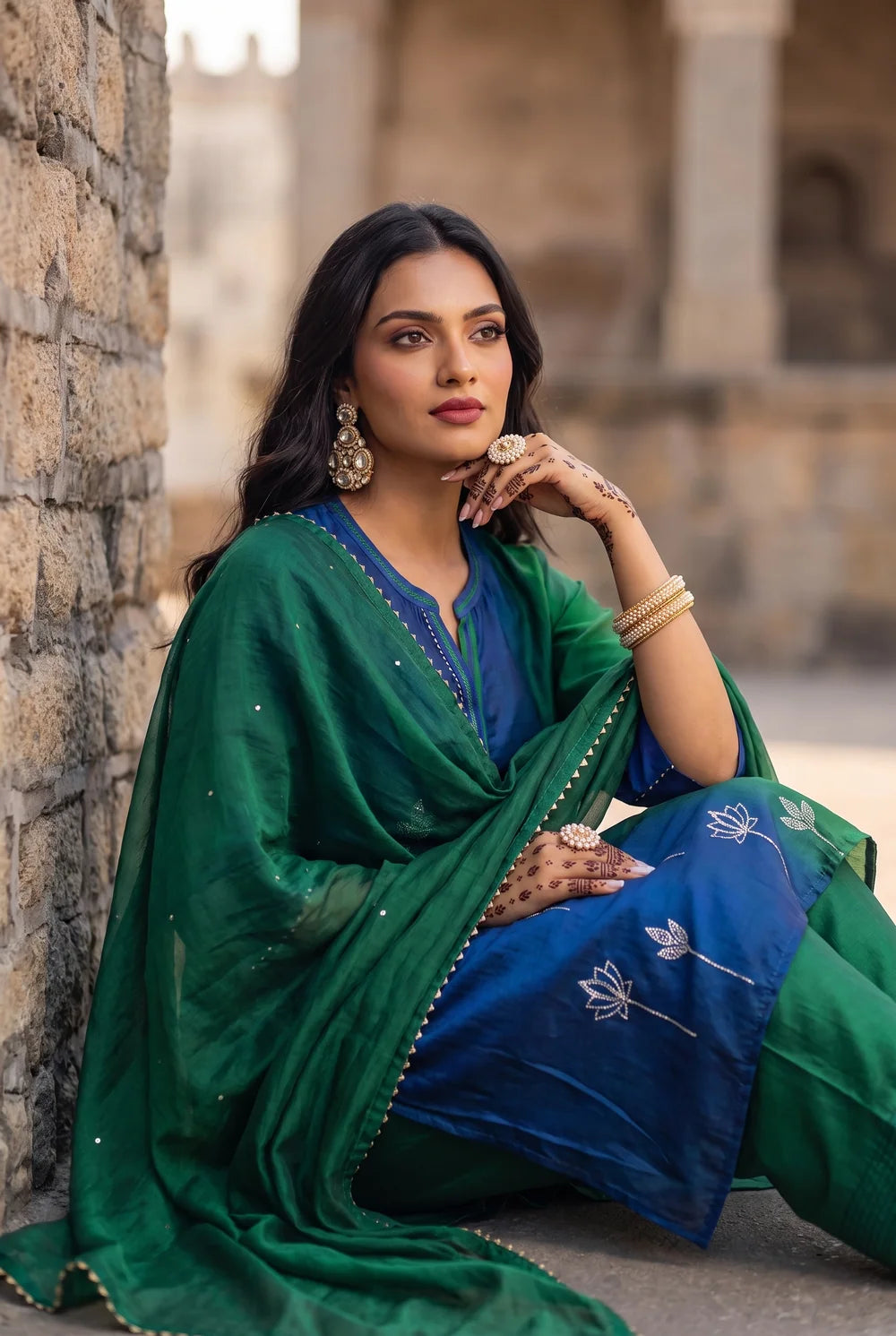 Shvi Silk Chadneri Shaded Kurta Set in Blue Green