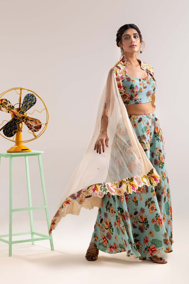 aarani embroidered palazzo set with a cape