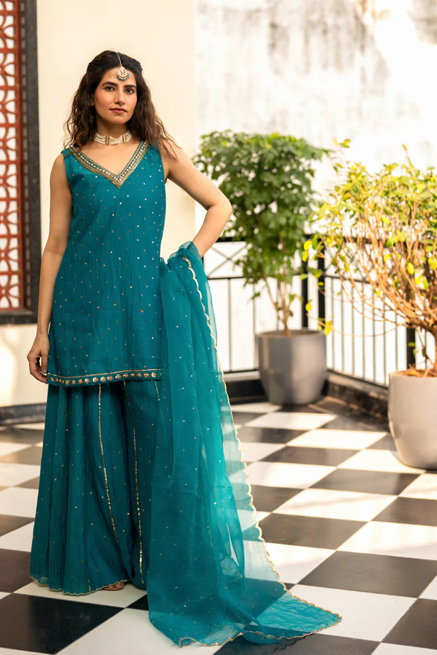 Teal Blue Sequinns Sharara set