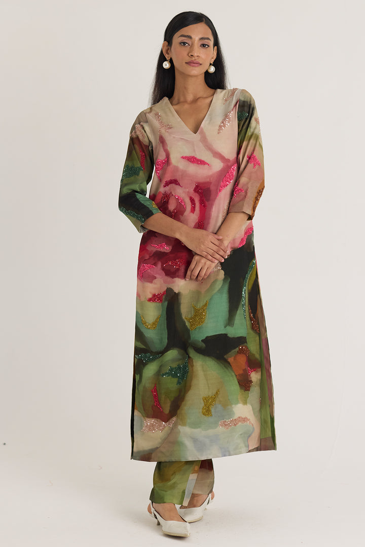 Tilly Embroidered Long V Neck Kurta Set
