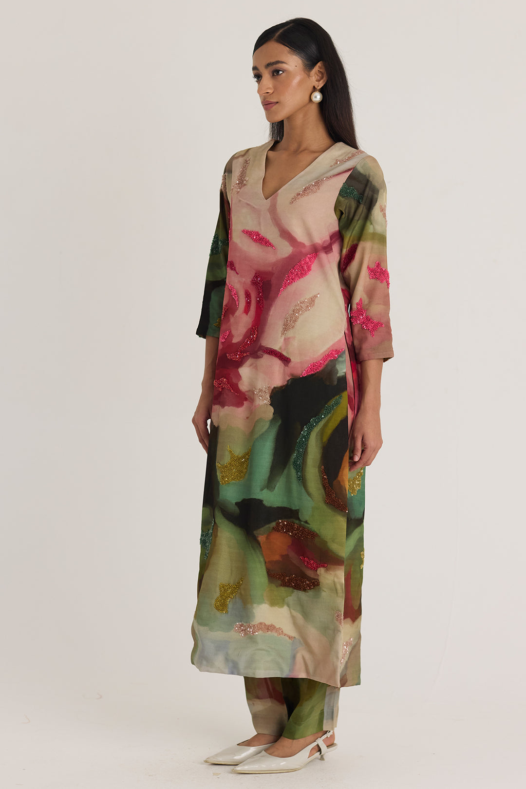 Tilly Embroidered Long V Neck Kurta Set