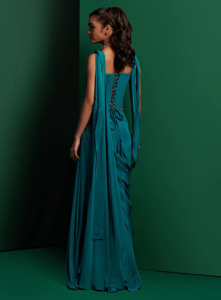 Teal Green Longline Torso Corset With Drape Saree