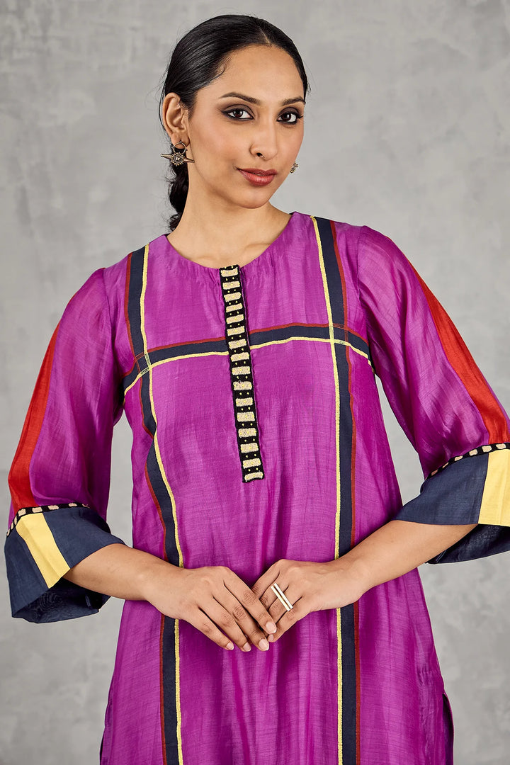 Purple Three Colour Stripe Tunic Set