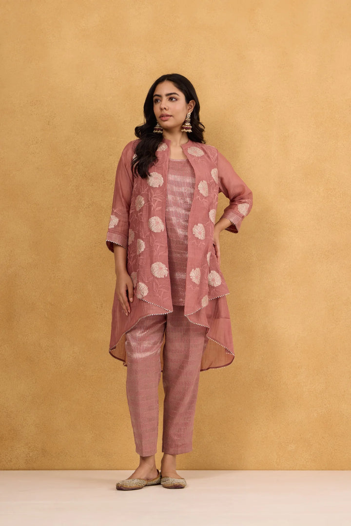 Tea Rose High-Low Tissue Embroidered Chanderi Jacket Set with Tissue Inner and Pants