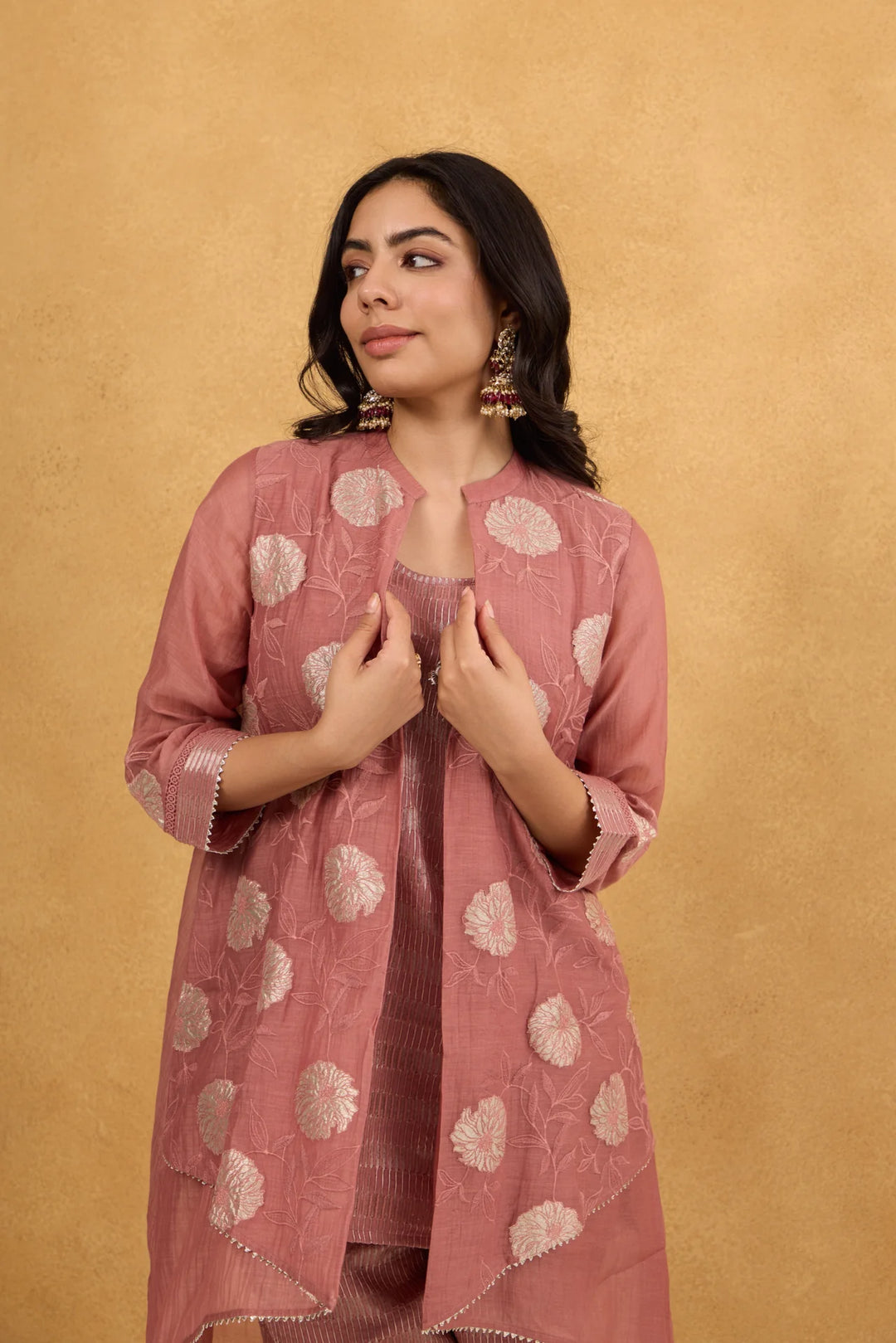 Tea Rose High-Low Tissue Embroidered Chanderi Jacket Set with Tissue Inner and Pants