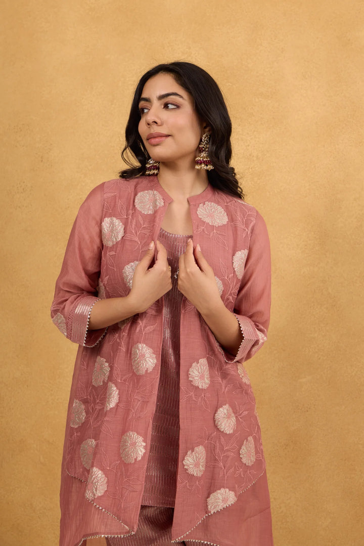 Tea Rose High-Low Tissue Embroidered Chanderi Jacket Set with Tissue Inner and Pants