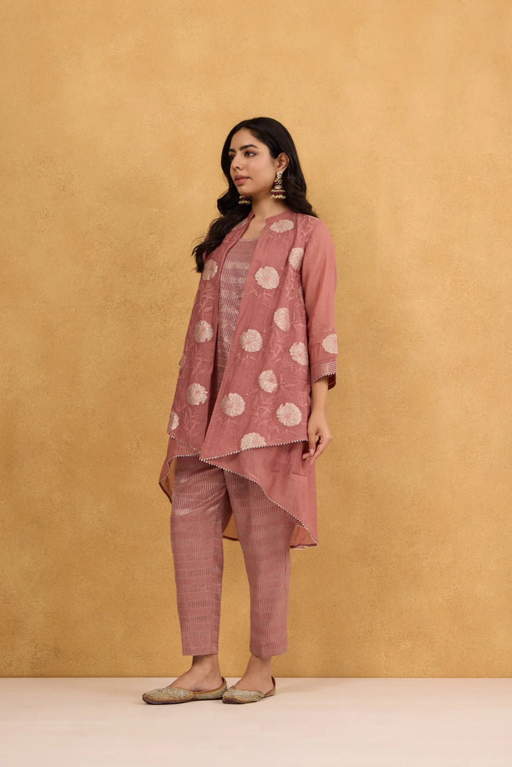 Tea Rose High-Low Tissue Embroidered Chanderi Jacket Set with Tissue Inner and Pants
