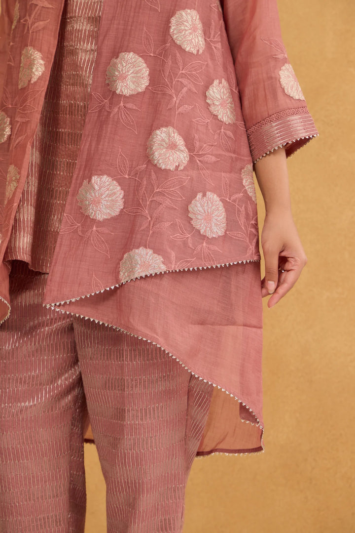 Tea Rose High-Low Tissue Embroidered Chanderi Jacket Set with Tissue Inner and Pants