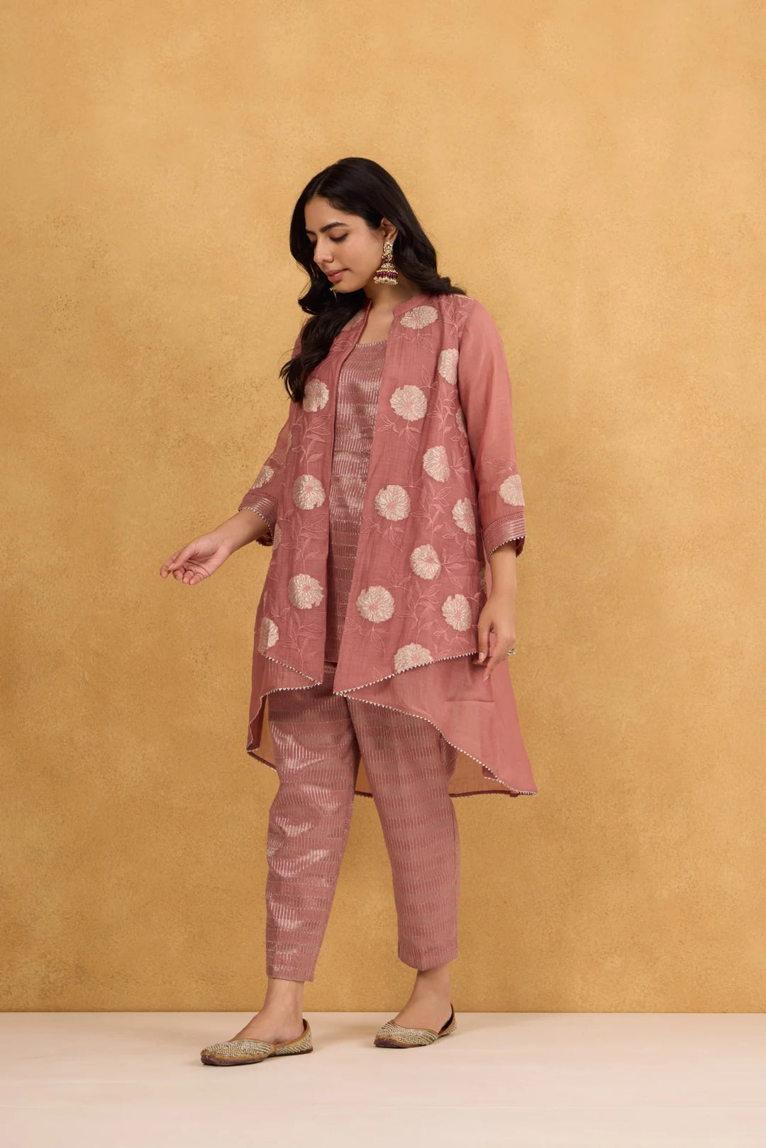 Tea Rose High-Low Tissue Embroidered Chanderi Jacket Set with Tissue Inner and Pants
