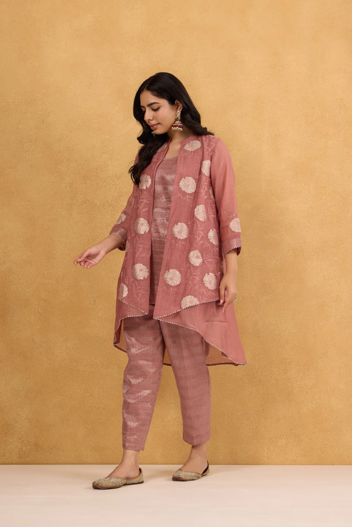 Tea Rose High-Low Tissue Embroidered Chanderi Jacket Set with Tissue Inner and Pants
