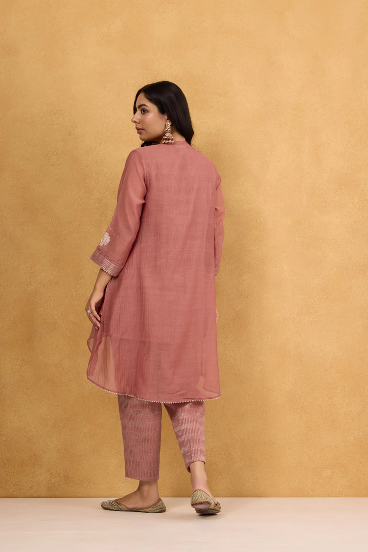 Tea Rose High-Low Tissue Embroidered Chanderi Jacket Set with Tissue Inner and Pants