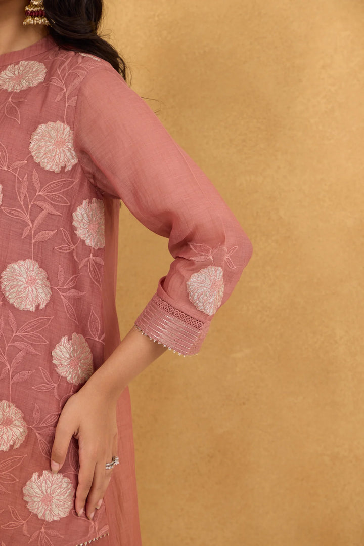 Tea Rose High-Low Tissue Embroidered Chanderi Jacket Set with Tissue Inner and Pants