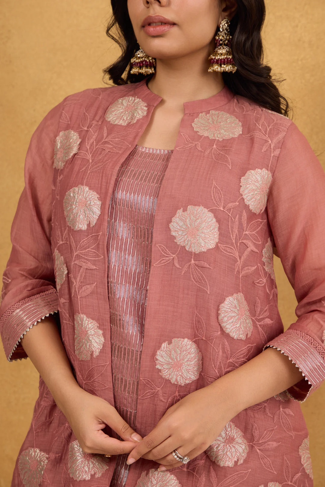 Tea Rose High-Low Tissue Embroidered Chanderi Jacket Set with Tissue Inner and Pants