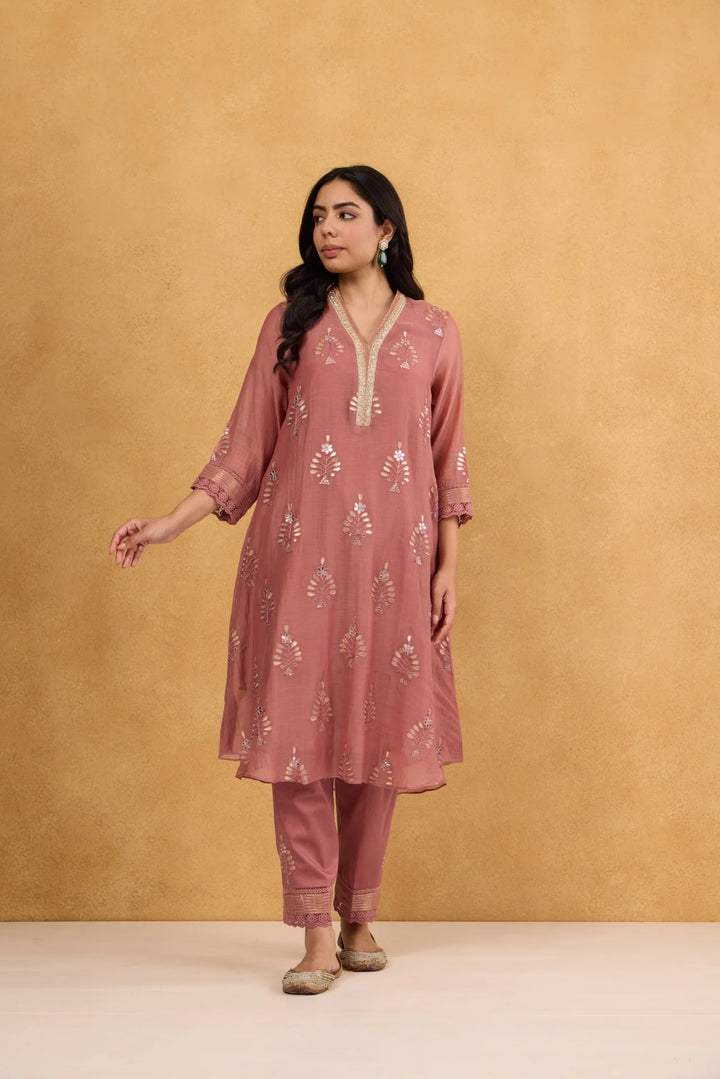 Tea Rose Gota Embroidered Chanderi Kurta Set