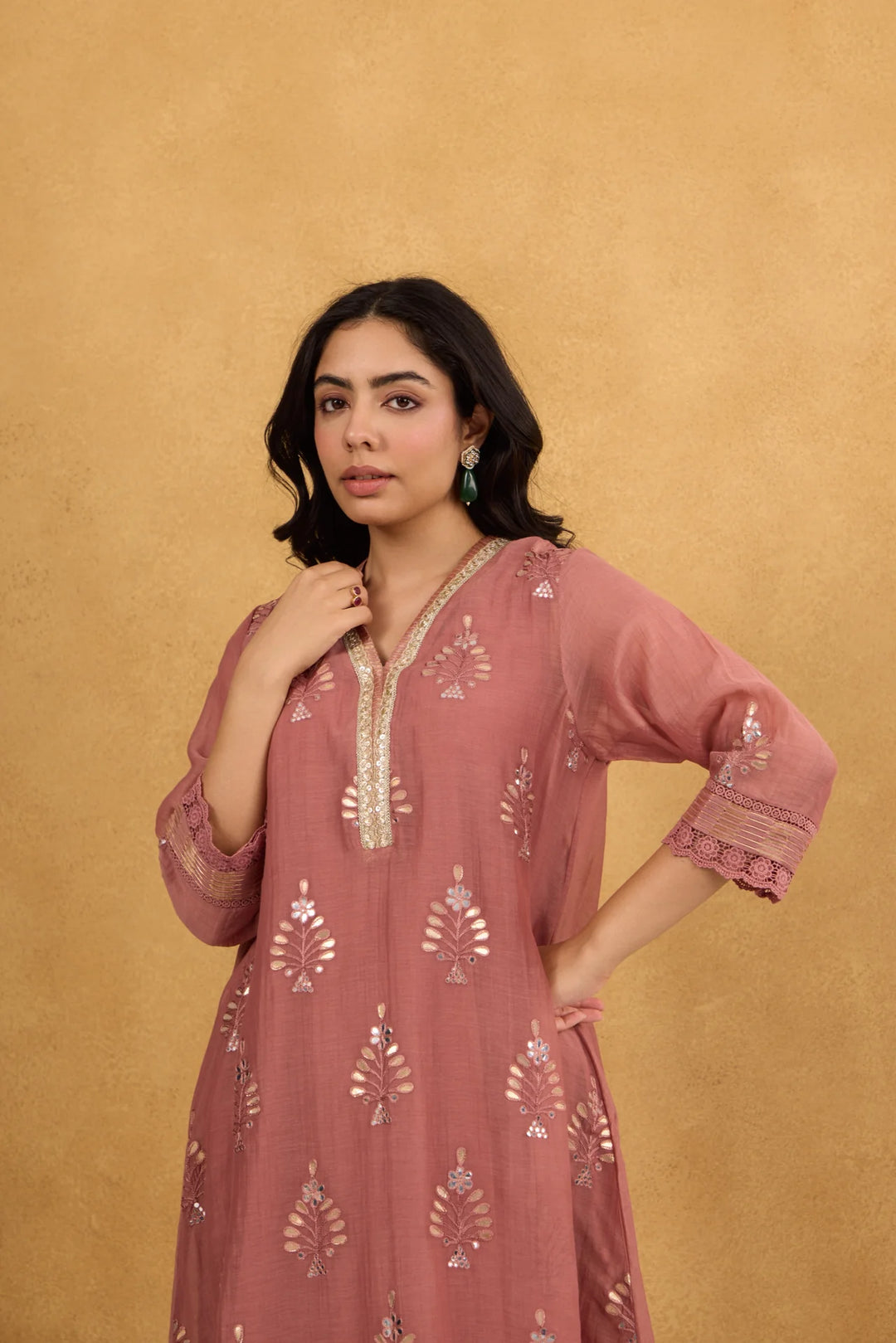 Tea Rose Gota Embroidered Chanderi Kurta Set