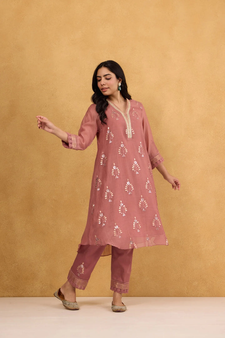Tea Rose Gota Embroidered Chanderi Kurta Set