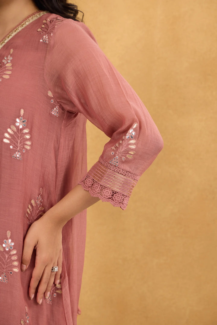 Tea Rose Gota Embroidered Chanderi Kurta Set