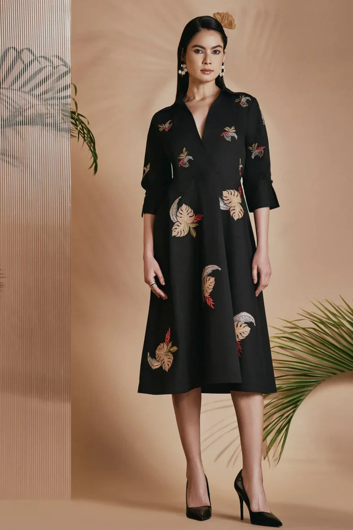 Origani Black Tropical A-Line Flare Dress