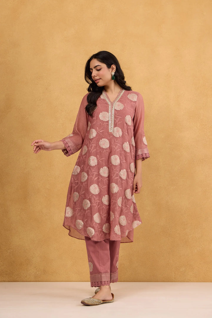 Tea Rose Tissue Patch Floral Embroidered Chanderi Kurta Set