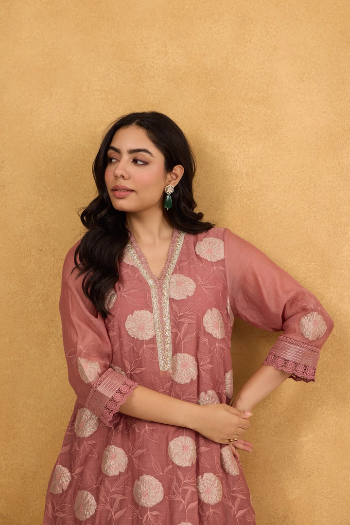 Tea Rose Tissue Patch Floral Embroidered Chanderi Kurta Set