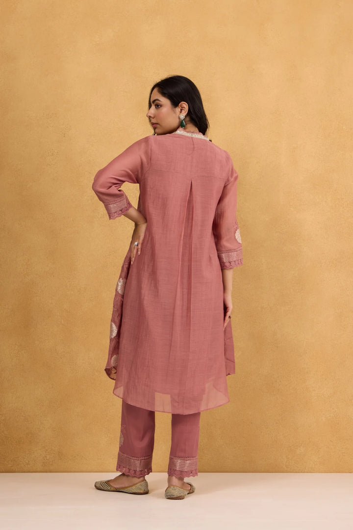 Tea Rose Tissue Patch Floral Embroidered Chanderi Kurta Set