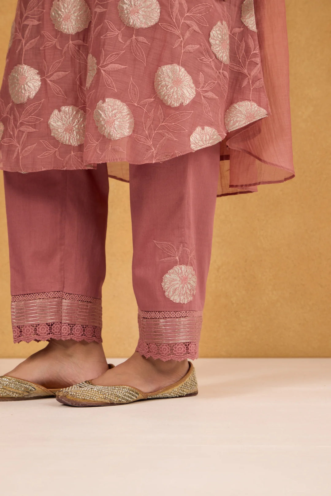 Tea Rose Tissue Patch Floral Embroidered Chanderi Kurta Set