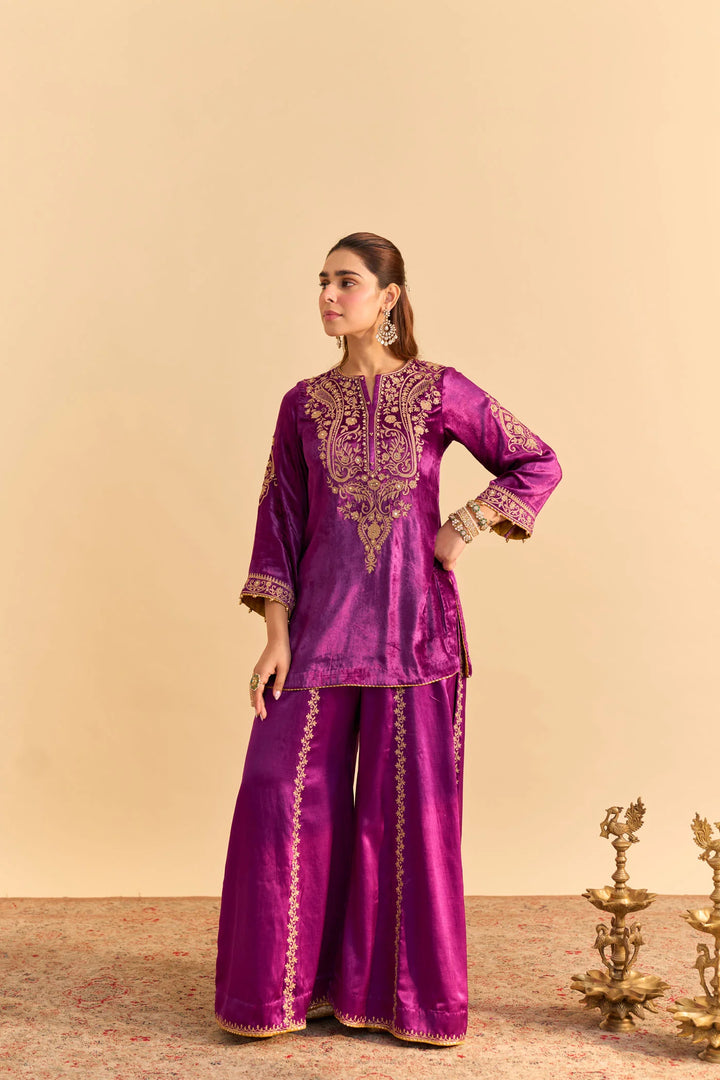 Aroob - velvet Deep Purple Kurta with Sharara and Dupatta