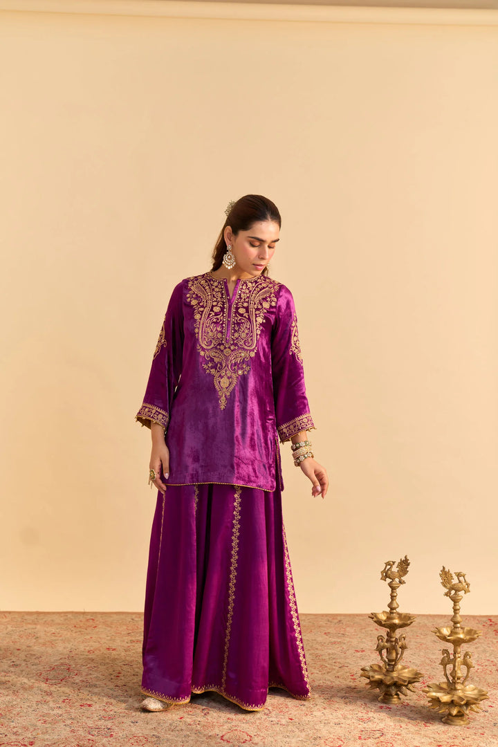 Aroob - velvet Deep Purple Kurta with Sharara and Dupatta