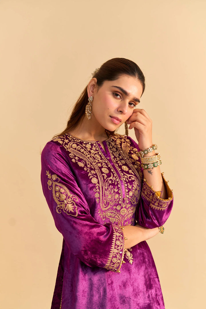 Aroob - velvet Deep Purple Kurta with Sharara and Dupatta