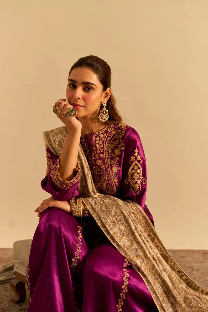 Aroob - velvet Deep Purple Kurta with Sharara and Dupatta