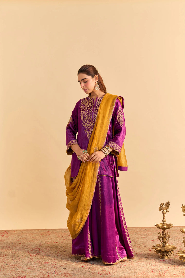 Aroob - velvet Deep Purple Kurta with Sharara and Dupatta