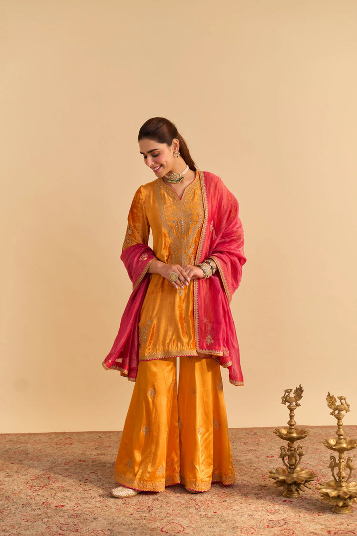 Nooren - velvet Orange Kurta with Flared Palazzo and Dupatta