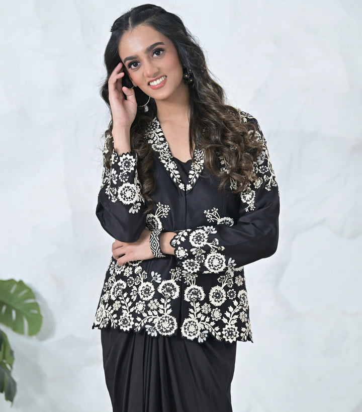 Monochrome Phool-Patti Jacket And Pleated Skirt Set