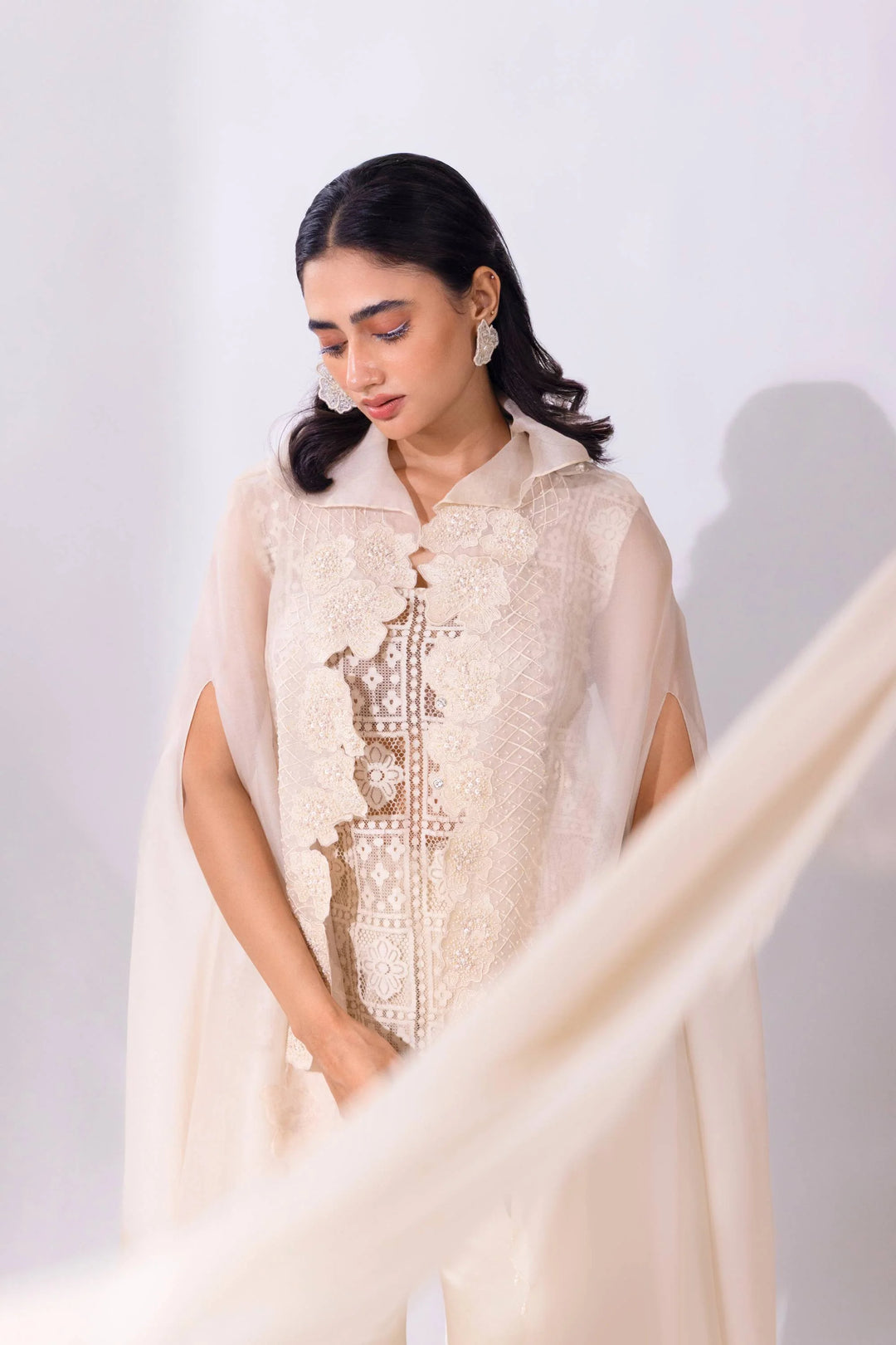 White Organza WaveBorne Cape with Top and Pant