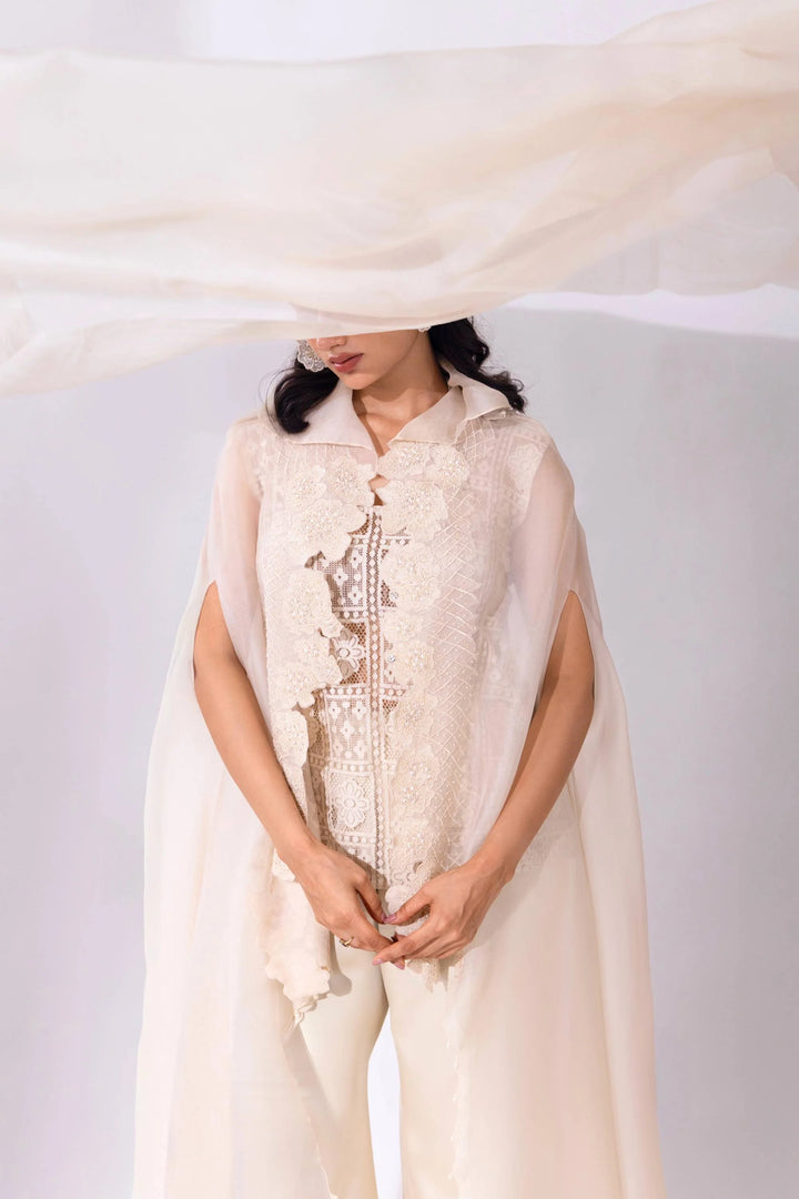 White Organza WaveBorne Cape with Top and Pant