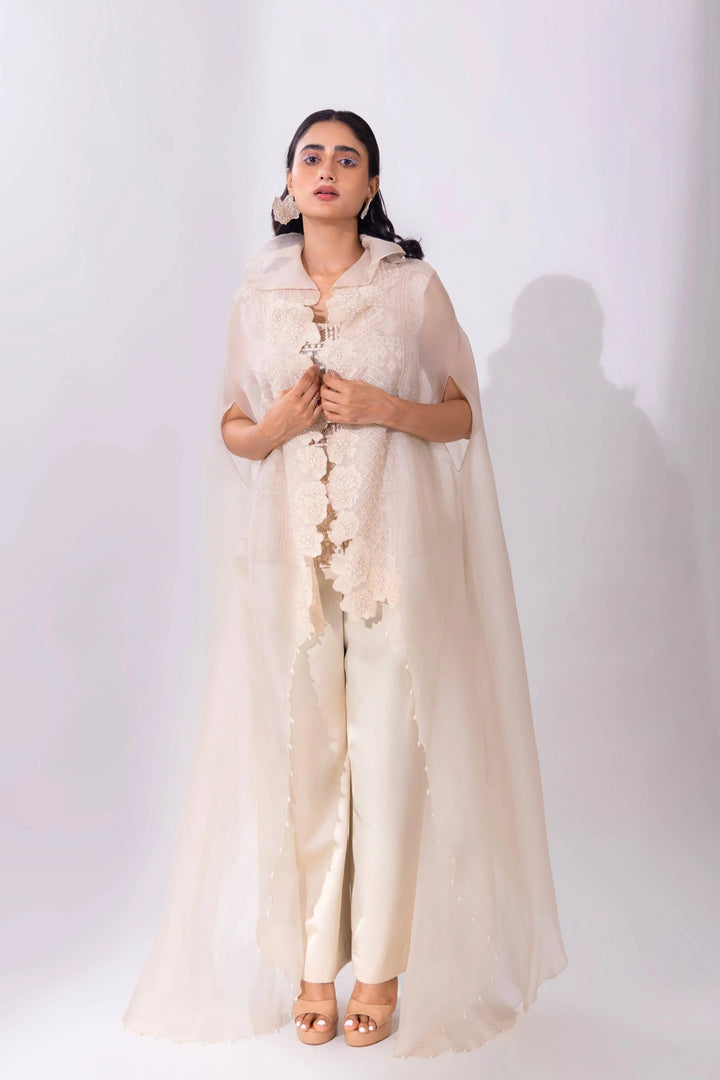 White Organza WaveBorne Cape with Top and Pant