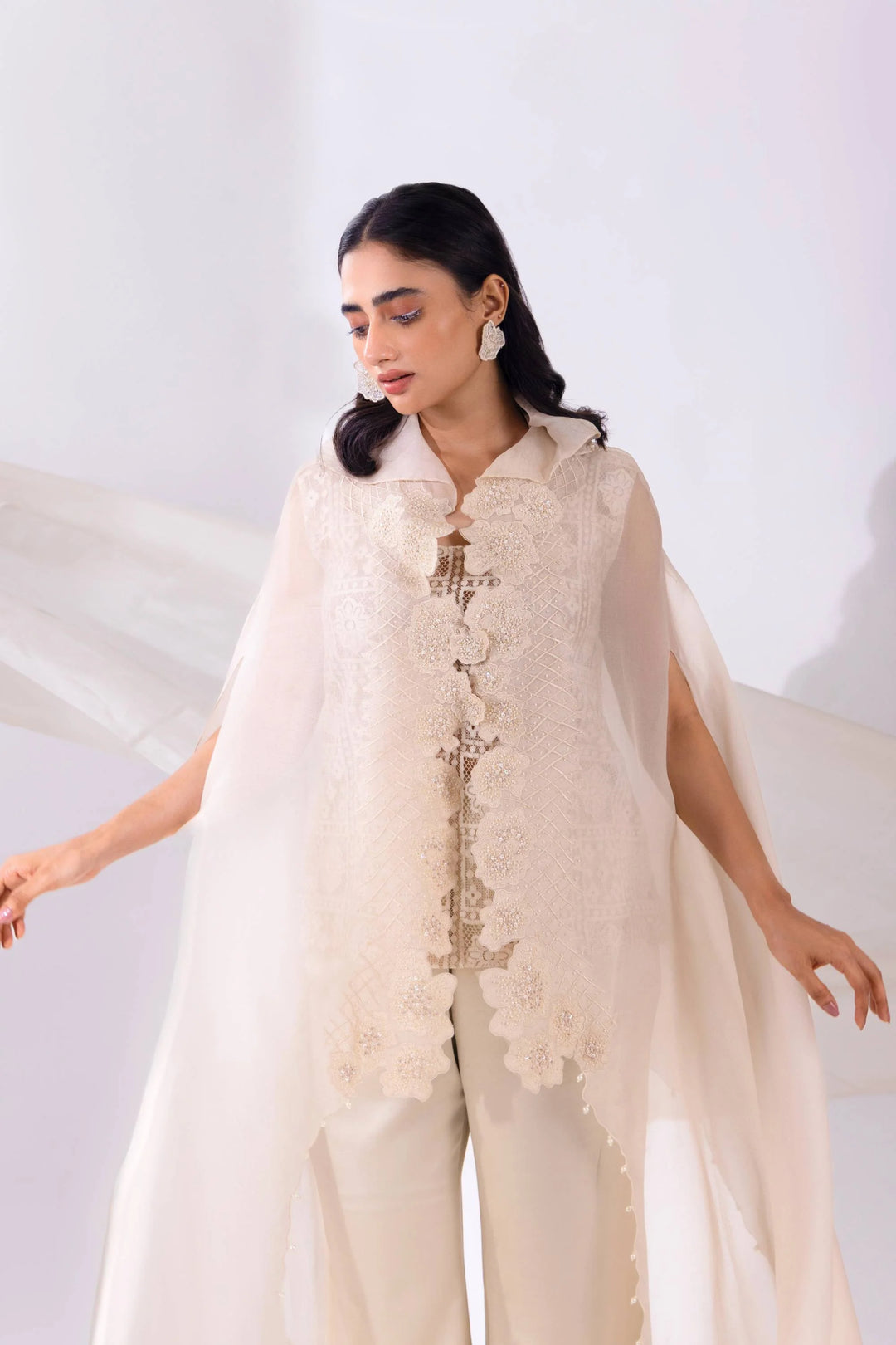 White Organza WaveBorne Cape with Top and Pant