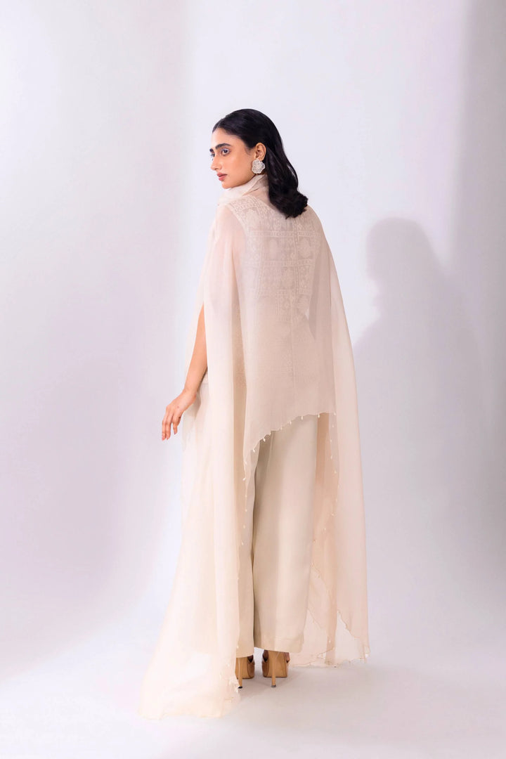 White Organza WaveBorne Cape with Top and Pant