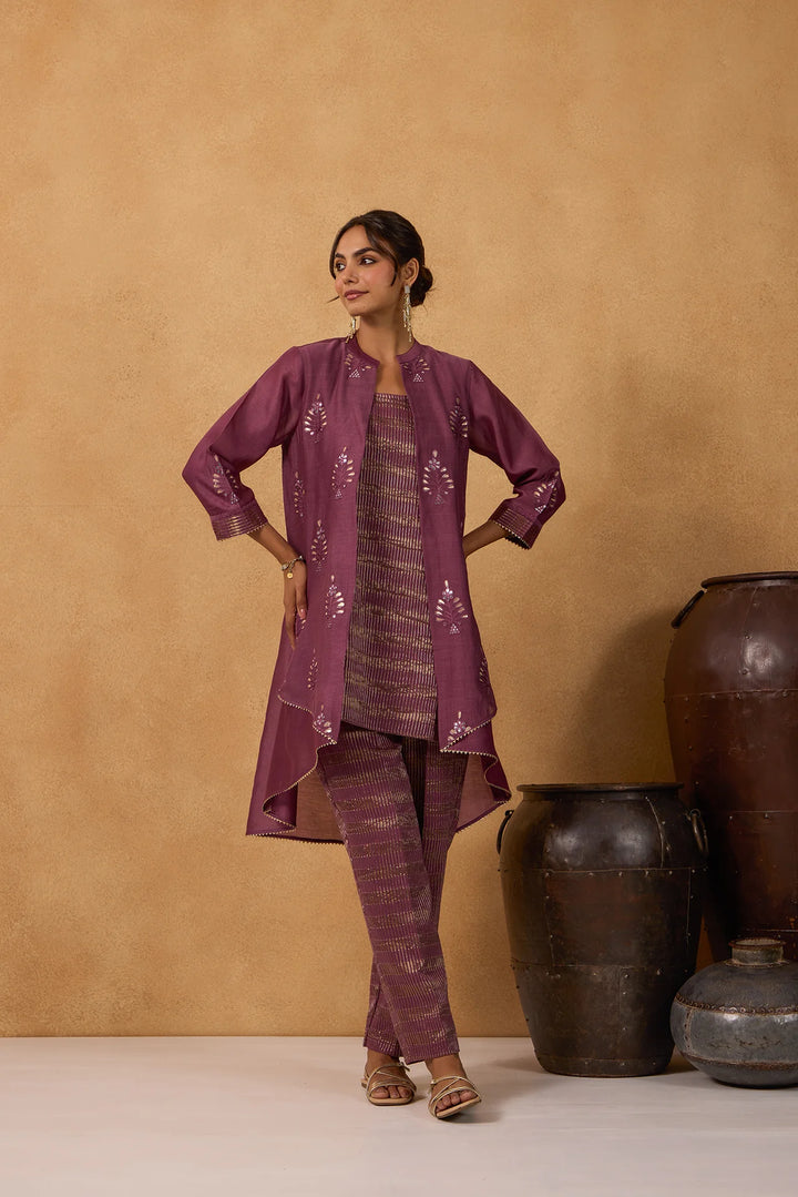 Wine High-Low Embroidered Jacket Set with Tissue Inner and Pants