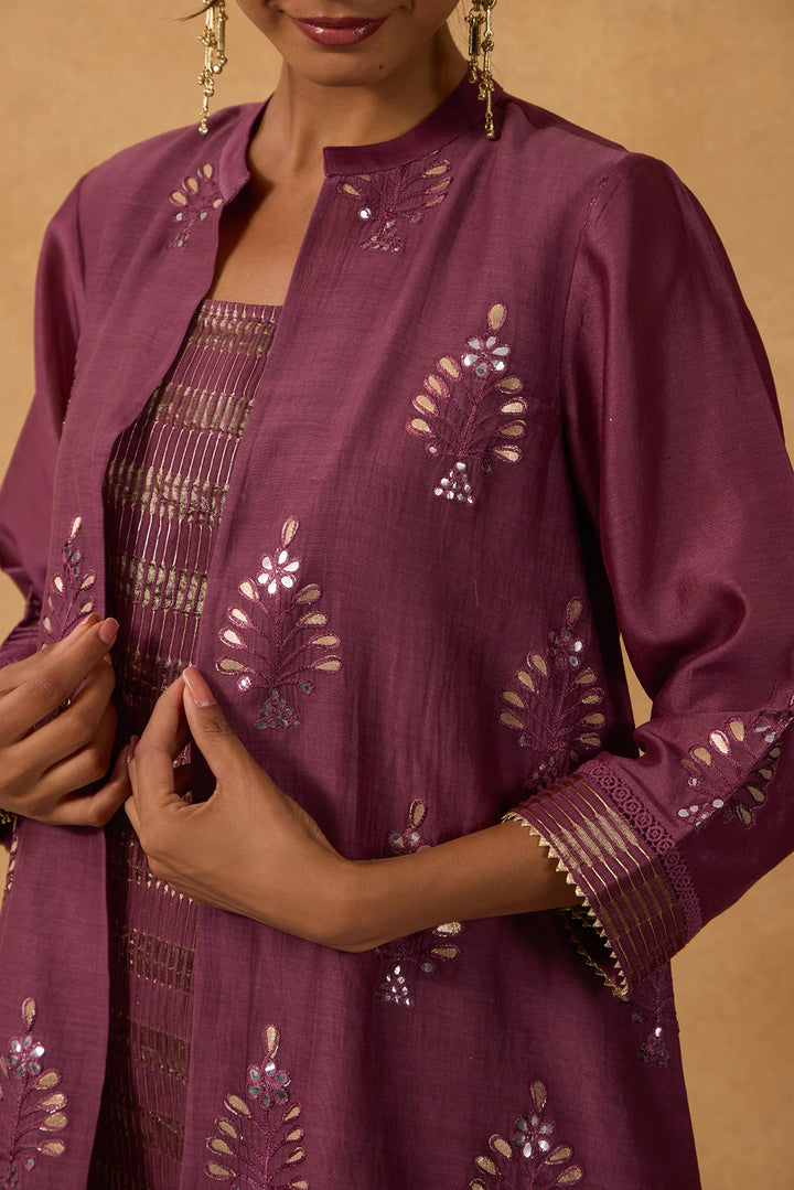 Wine High-Low Embroidered Jacket Set with Tissue Inner and Pants