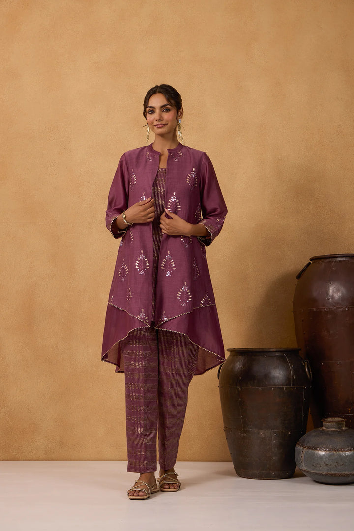 Wine High-Low Embroidered Jacket Set with Tissue Inner and Pants
