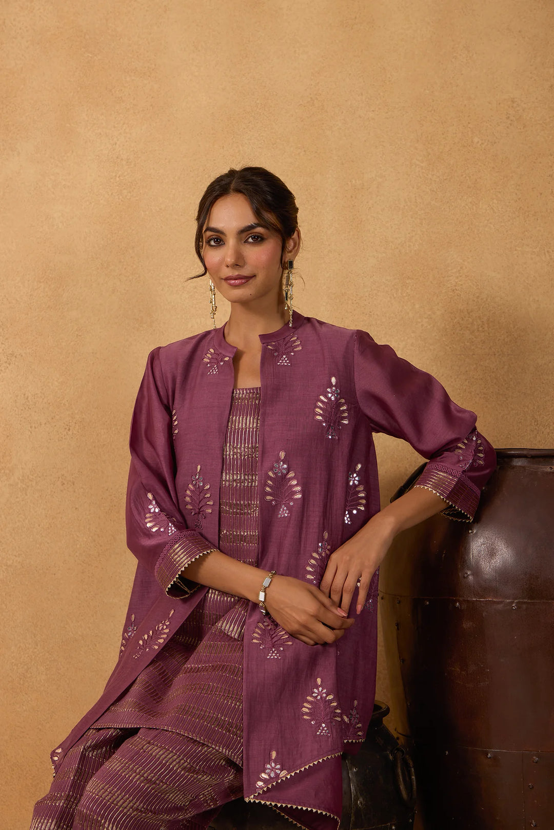 Wine High-Low Embroidered Jacket Set with Tissue Inner and Pants