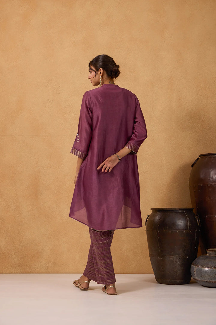Wine High-Low Embroidered Jacket Set with Tissue Inner and Pants