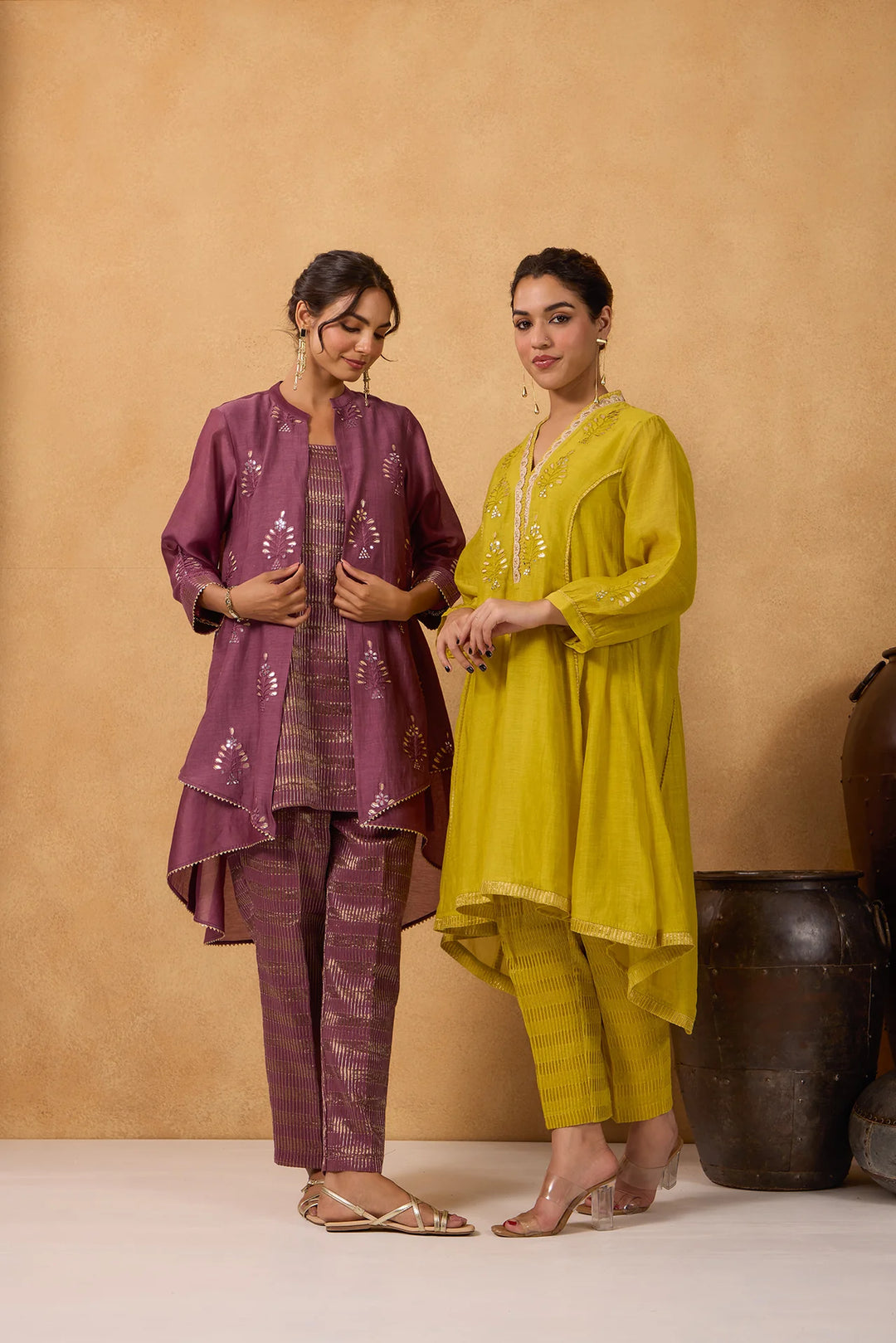 Wine High-Low Embroidered Jacket Set with Tissue Inner and Pants