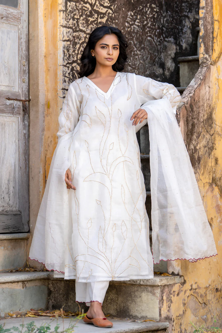 White Sequins A-line Kurta Set