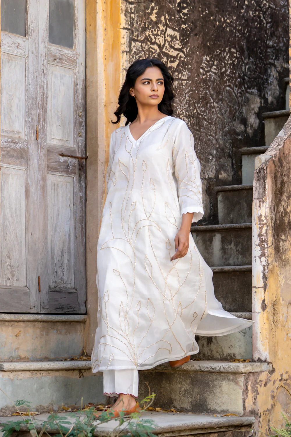 White Sequins A-line Kurta Set