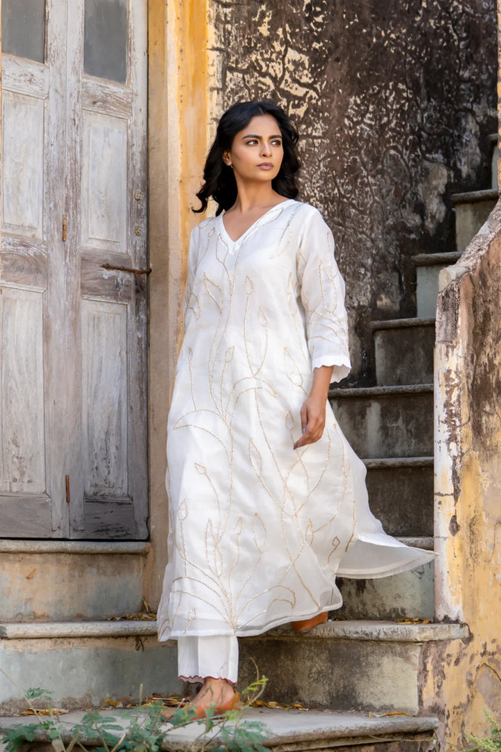 White Sequins A-line Kurta Set